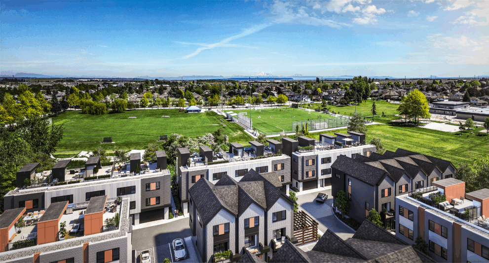 Skye towhomes homes rendering of rooftops with mountain views